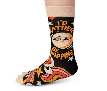Women's Nap Time Socks - Black and beige handmade cotton sock with cartoon moon and stars, playful "I'd Rather Be Napping" text, unique Canadian gift .