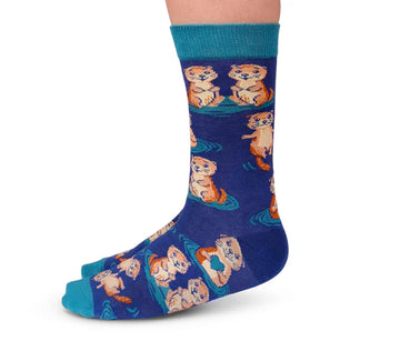Women's Otterly Adorable Socks - Blue crew socks with handmade Canadian otter illustrations, unique gift idea by Uptown Sox.