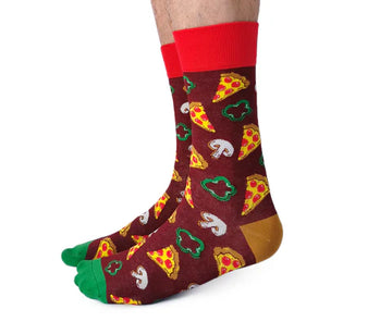 Men's Pizza Party Socks - Men's handmade Canadian socks with colorful pizza slices and toppings, unique gift idea.