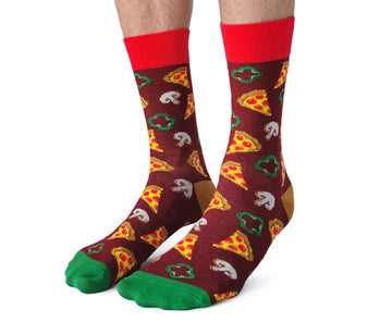 Men's Pizza Party Socks - Men's handmade Canadian socks with colorful pizza slice, mushroom, and bell pepper design, red cuff and green toes, unique.