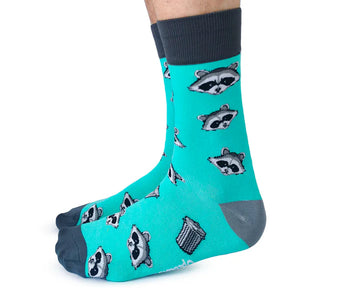 Men's Raccoon Bandit Socks - Men's turquoise socks with playful raccoon faces, gray heel, navy toe and cuff, unique handmade Canadian gift.
