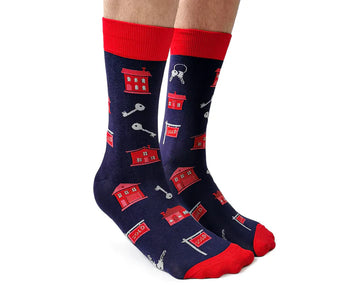 Men's Real Estate Socks - Navy and red Canadian-themed socks with real estate icons, handmade unique gift for men.