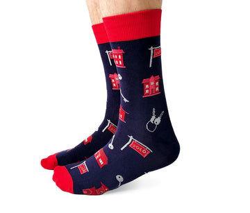 Men's Real Estate Socks - Navy blue socks with red cuff, heel, and toe, featuring unique Canadian real estate icons, handmade gift idea.