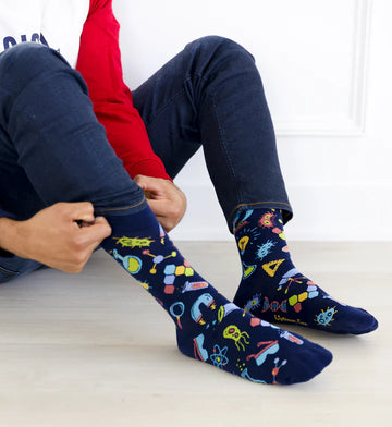 Men's Mad Scientist Socks - Navy blue men's socks with colorful mad scientist icons, unique handmade Canadian gift.