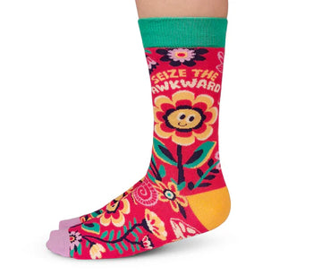 Women's Seize the Awkward Socks - Handmade Canadian women's socks with bright floral pattern, green cuff, pink toe, and "Seize the Awkward" text gift.