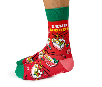 Men's Send Noods Socks - Red men's socks with green toe and cuff, featuring unique handmade noodle bowl design and "SEND NOODS" text, Canadian gift.