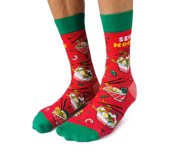 Men's Send Noods Socks - Red and green men's socks with playful sushi noodle bowl design, unique handmade Canadian gift.