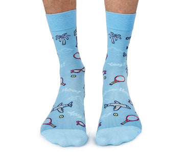 Men's Officially Retired Socks - Light blue men's socks with playful retro icons, unique Canadian handmade gift design.