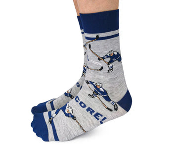 Men's Slap Shot Socks - Men's handmade Canadian Slap Shot socks in gray and navy with hockey player and "Score!" text design, unique gift idea.