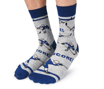Men's Slap Shot Socks - Gray and navy men's socks with hockey player illustrations, handmade Canadian gift design.