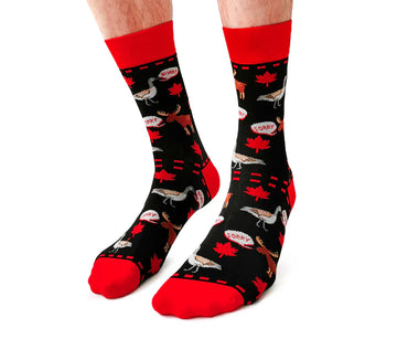 Men's Sorry Socks - Black socks with red heel, toe, and cuff, featuring Canadian-themed icons and speech bubbles, unique handmade gift design.