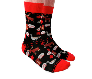 Men's Sorry Socks - Black and red men's socks with Canadian animals and maple leaf patterns, unique handmade gift.