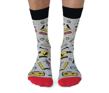 Men's Tool Time Socks - Gray socks with black tops and red toes featuring a unique handmade Canadian tool pattern, perfect gift for men.