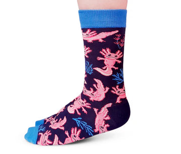 Women's Axolotl Socks - Navy crew socks with bright pink axolotl pattern, blue cuff and toe, unique handmade Canadian gift.