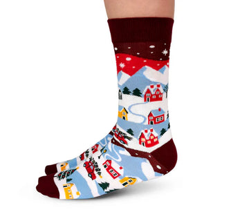 Women's Tinsel Town Socks - Women’s festive socks with snow-covered village, red cuff, handmade Canadian gift design.