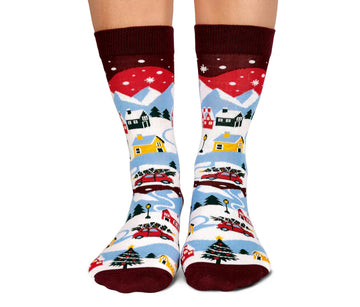 Women's Tinsel Town Socks - Women's Christmas socks with snowy village and tall tree design, handmade Canadian gift.