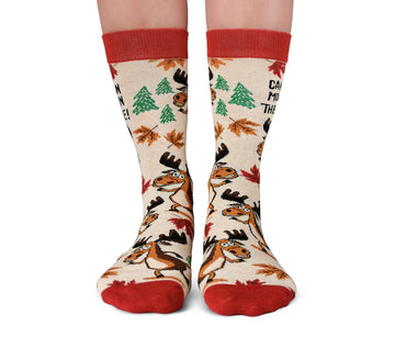 Women's Canadian Moose Socks - Handmade Canadian moose socks with red accents and forest pattern, unique gift idea.
