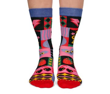 Women's Cool Aunt Socks - Colorful handmade Canadian socks with playful geometric and floral patterns, perfect unique gift.