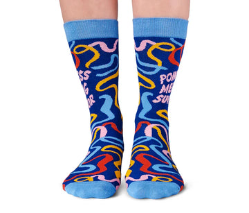 Women's Pointless Meeting Socks - Women's blue crew socks with colorful abstract squiggles and "Pointless Meeting" text, unique handmade Canadian gift.