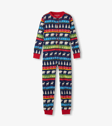 Kids Navy Fair Isle Onesie - Navy kids onesie with colorful Fair Isle pattern, red cuffs, handmade Canadian gift.