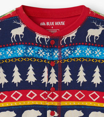 Kids Navy Fair Isle Onesie - Navy Fair Isle kids onesie with red trim, white moose and tree patterns, handmade Canadian gift.