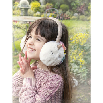 Rainbow Unicorn Earmuffs - Kids' handmade Canadian rainbow unicorn earmuffs with soft white faux fur and colorful horn, unique gift accessory.