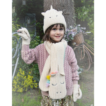Rainbow Unicorn Knitted Gloves - Handmade Canadian rainbow unicorn knitted gloves in cream with colorful horn, perfect unique gift for kids.