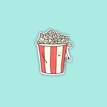 Popcorn Vinyl Sticker - Handmade Canadian vinyl sticker of smiling popcorn in red and white striped bucket, unique gift accessory.