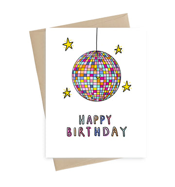 Mirrorball Birthday Card - Handmade Canadian birthday card with colorful mirrorball and stars, unique gift design.