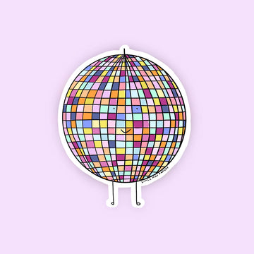 Disco Ball Smiley Sticker - Colorful disco ball shaped smiley sticker with pixelated pattern, unique handmade Canadian gift.