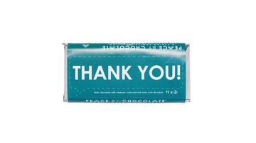 Thank You Chocolate Bar (Peace by Chocolate) - Handmade Canadian chocolate bar wrapped in teal foil with white "Thank You!" text gift.