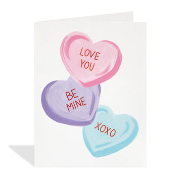 Candy Hearts Card - Handmade greeting card with pastel candy hearts reading Love You, Be Mine, and XOXO, unique Canadian gift.