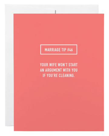 Marriage Tip Card - Pink handmade Canadian greeting card with white text reading "Marriage Tip #46" and matching white envelope behind.