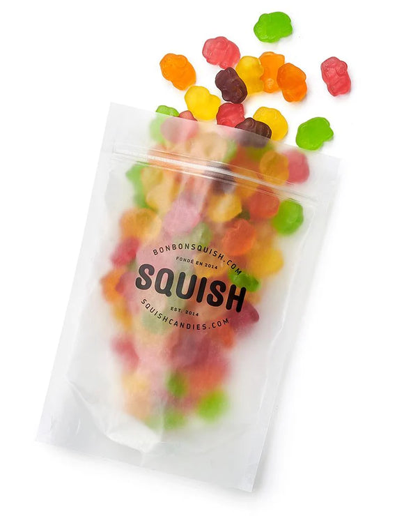 Vegan Baby Elephants (Squish) - Clear pouch of colorful vegan gummy baby elephants, unique handmade Canadian gift candy.
