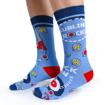 Women's Curling Rocks Socks - Blue women's curling rocks socks with red, yellow, and black curling stone designs, handmade Canadian gift.