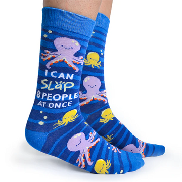 Women's Obscene Octopus Socks - Blue socks with playful purple and yellow octopus design and "I can slap 8 people at once" text, unique handmade Canadian.