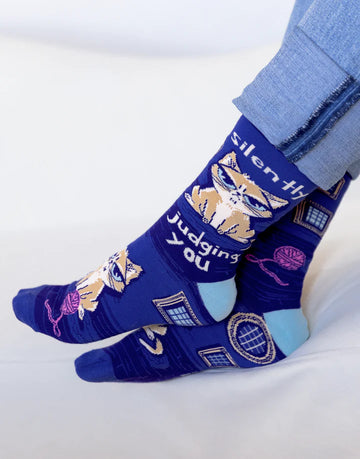 Women's Judging You Socks - Navy blue crew socks with light blue heel and toe, featuring cartoon judges and text "Judging You" in white, unique gift.