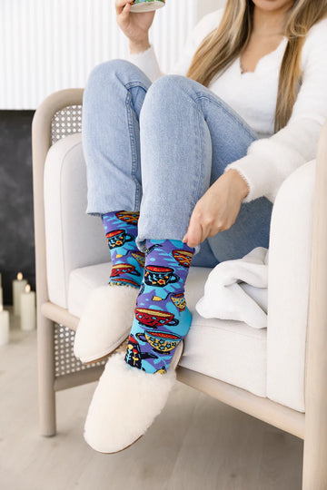 Women's Tea Time Socks - Blue socks with colorful teacup pattern, handmade Canadian gift, cozy style.