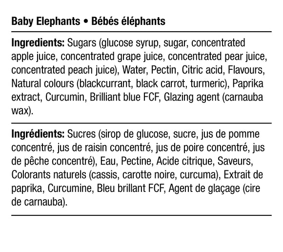 Vegan Baby Elephants (Squish) - Packaging label detailing ingredients for Vegan Baby Elephants candy with natural colors and flavorings in English and.