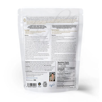 Billionaire Chocolate Chip Cookie Mix - White resealable pouch with detailed black text and nutrition facts on the back for Billionaire Chocolate Chip Cookie Mix.
