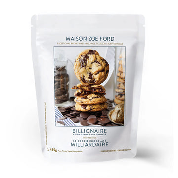 Billionaire Chocolate Chip Cookie Mix - White resealable pouch with a photo of stacked large chocolate chip cookies on a wooden board, Maison Zoe Ford branding, and