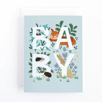 Woodland Animals New Baby Card - Handmade Canadian baby card with woodland animals and bold "BABY" lettering, unique gift design.