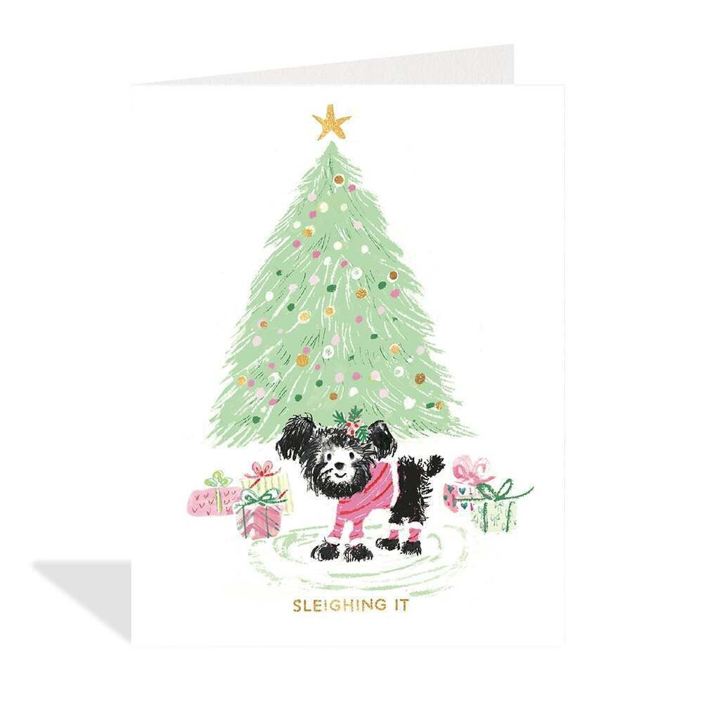 Sleighing It By The Tree Christmas Card