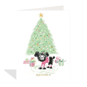 Sleighing It By The Tree Christmas Card