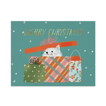 Purr fect Gift Christmas Card - Handmade Canadian Christmas card with a white cat peeking from colorful gift boxes on teal background.