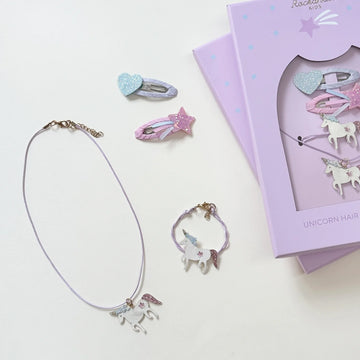 Unicorn Hair & Jewellery Set - Kids unicorn-themed hair clips, necklace, and bracelet set in pastel pink, lavender, and silver tones.