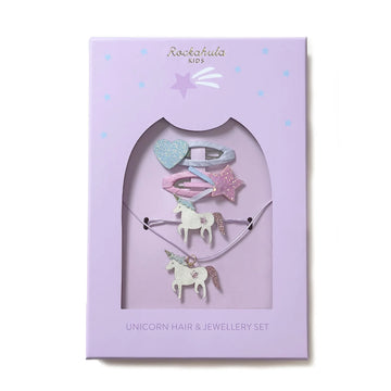Unicorn Hair & Jewellery Set - Handmade Canadian unicorn hair clips and matching necklaces set in lavender gift box with glitter details.
