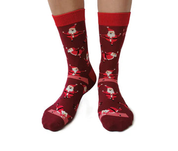 Women's Yoga Santa Socks - Red Christmas socks with handmade Santa Claus pattern, unique Canadian gift for women.