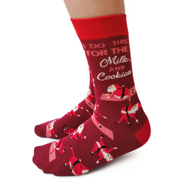 Women's Yoga Santa Socks - Red handmade women's Christmas socks with Santa and milk cookie design, unique Canadian gift.