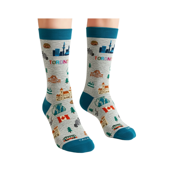 Women's Toronto Canada Crew Socks with City Skyline Landmarks and Travel Icons